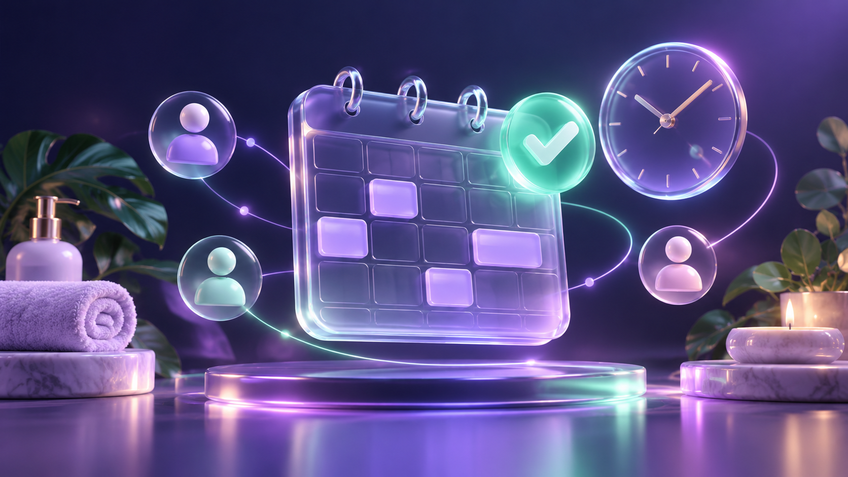 Glass appointment calendar with a clock and booking confirmation