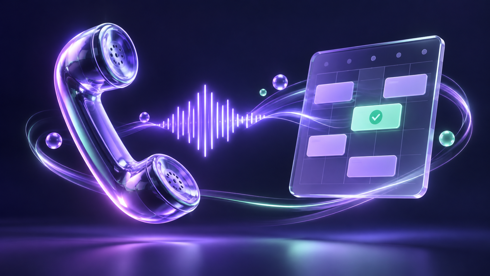 Glass phone handset and voice waveform connected to an appointment calendar
