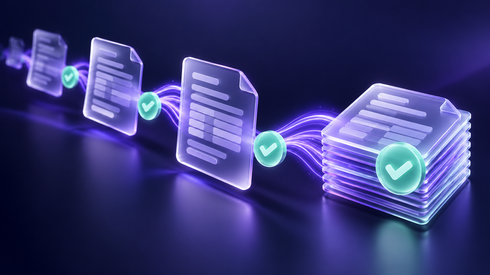 Claim documents connected by glowing violet lines and confirmation checks